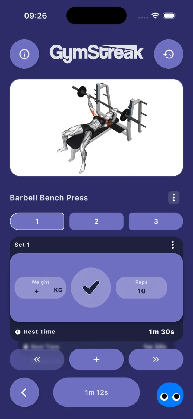 GymStreak set logging screen with an animated Barbell Bench Press demo, weight and reps inputs and a rest timer