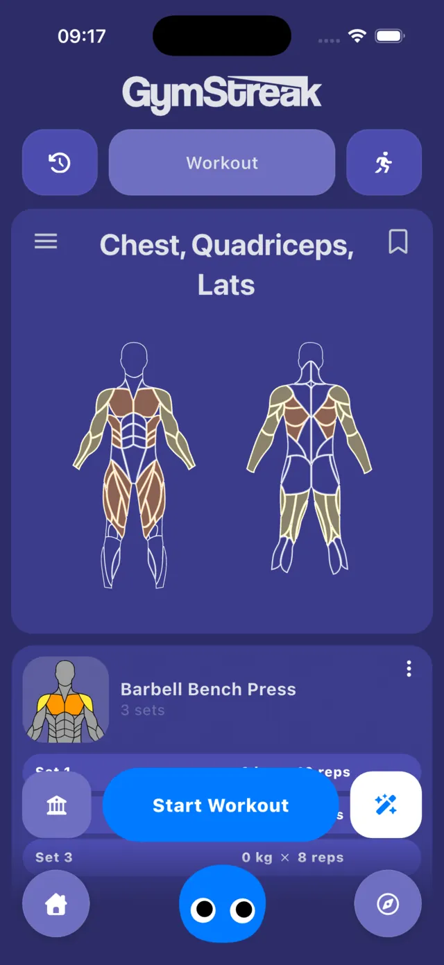 GymStreak workout detail for a Chest, Quadriceps and Lats session, with a body map, the exercise list and a Start Workout button